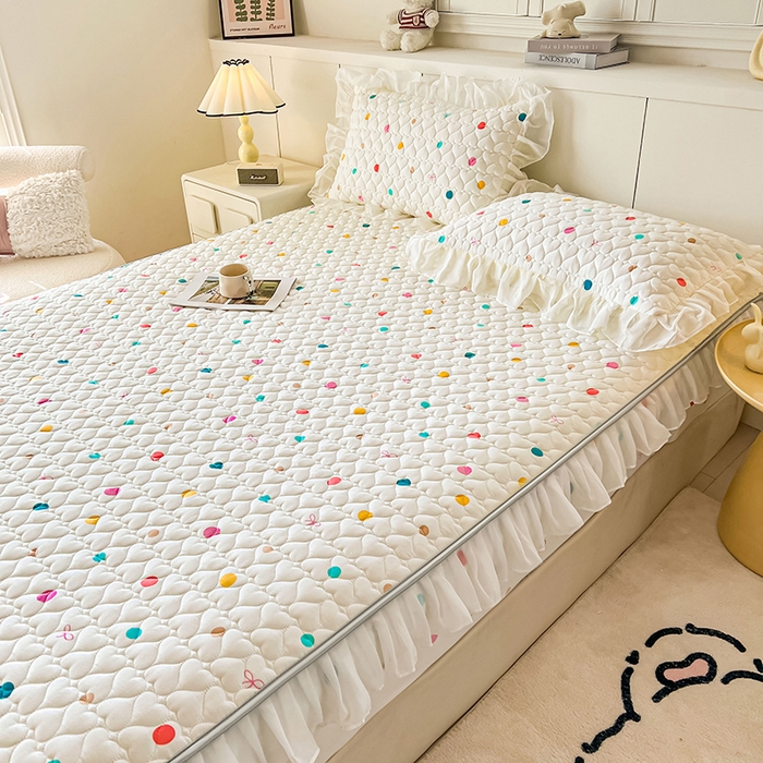 91家纺网 家纺一手货源 找家纺 眠势力 2025新款韩版花边床笠雪纺公主风ins夹棉四季款床罩保护套 彩色波点