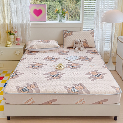 小萌虎 2025新款凉感丝胶质凉席床笠款 方格熊咖