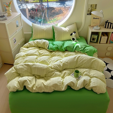 91家纺网 家纺一手货源 找家纺 田野家纺2025新款全棉水洗棉米粒系列四件套 水洗棉米拉 绿