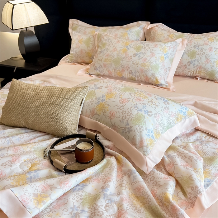 91家纺网 家纺一手货源 找家纺 朵希曼2025新款50天丝宽边夏被和夏被四件套系列 布伦达