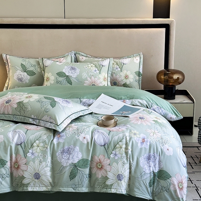 91家纺网 家纺一手货源 找家纺 眷恋家纺 2025年春夏全棉铂金棉13376数码印花四件套 满蕊花溪-绿