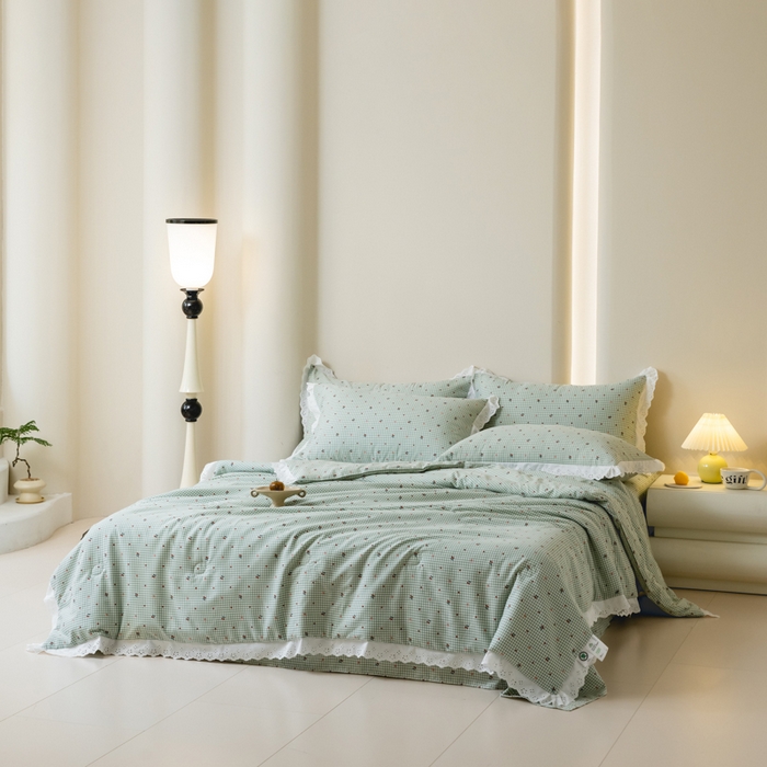 91家纺网 家纺一手货源 找家纺 绒世界 绒世界 2025新款双层纱韩版印花夏被四件套 樱桃