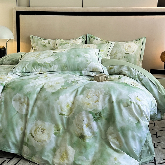 91家纺网 家纺一手货源 找家纺 眷恋家纺 2025年春夏全棉铂金棉13376数码印花四件套 墨雨云间-绿