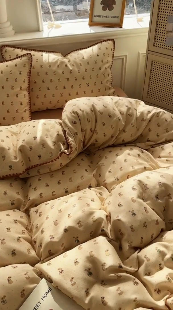 91家纺网 家纺一手货源 找家纺 田野家纺2025新款A类全棉双层纱四件套 可爱兔