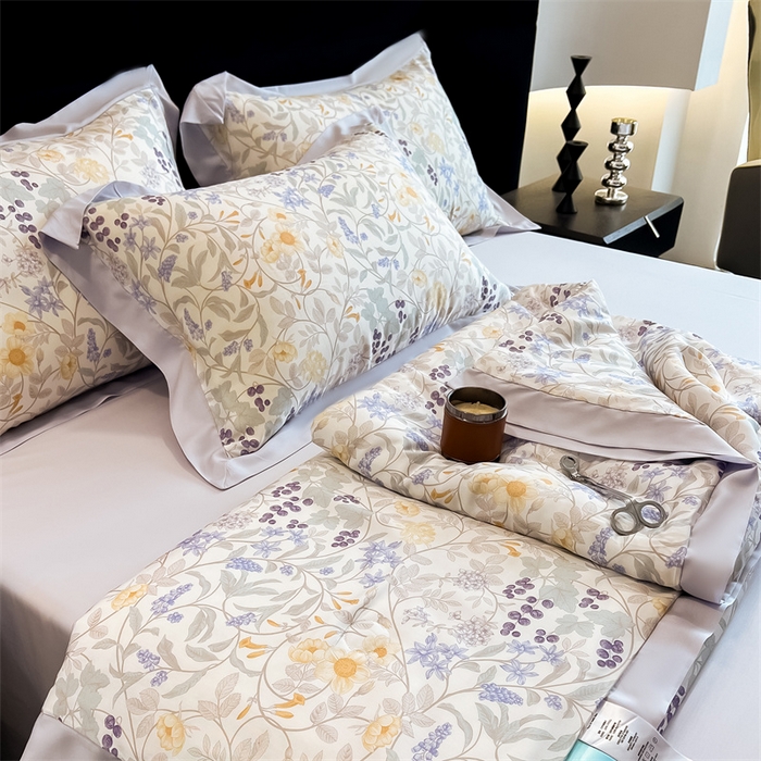 91家纺网 家纺一手货源 找家纺 朵希曼2025新款50天丝宽边夏被和夏被四件套系列 悦夏 米