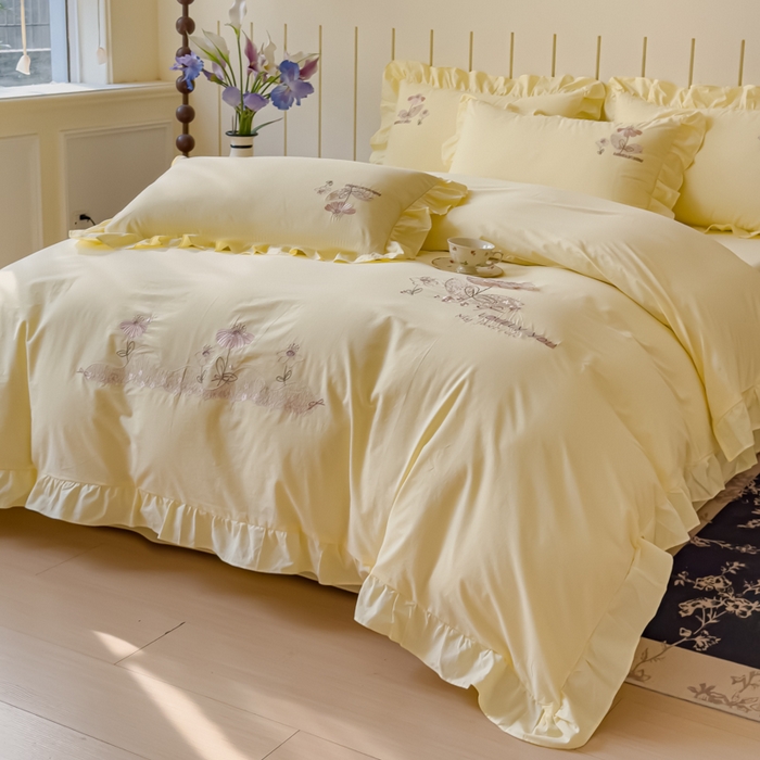 91家纺网 家纺一手货源 找家纺 U品汇 A类全棉色织水洗棉刺绣花四件套纯棉100%棉韩版公主风立体花朵 春野浪漫-柠檬黄