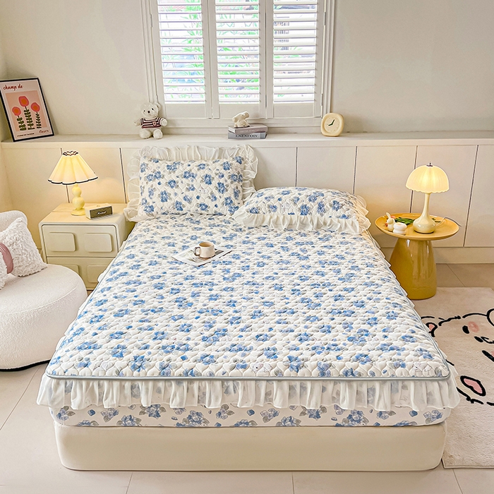 91家纺网 家纺一手货源 找家纺 眠势力 2025新款韩版花边床笠雪纺公主风ins夹棉四季款床罩保护套 兰花兔