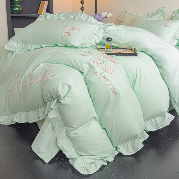 91家纺网 家纺一手货源 找家纺 U品汇 A类全棉色织水洗棉刺绣花四件套纯棉100%棉韩版公主风立体花朵 春野浪漫-清水绿