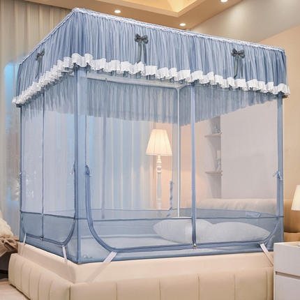 91家纺网 家纺一手货源 找家纺 夏彩 2025新款浪漫唯美T+U大空间坐床防摔蚊帐-88608 88608T-蓝灰