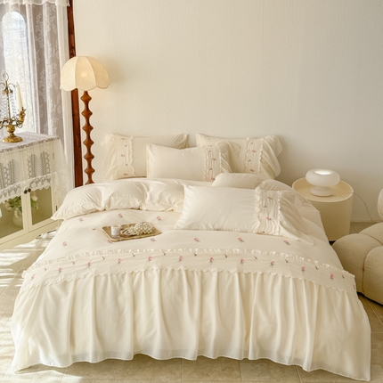 米可 2025新款水洗棉蕾丝花边绣花工艺款四件套 玫瑰仙子-白粉