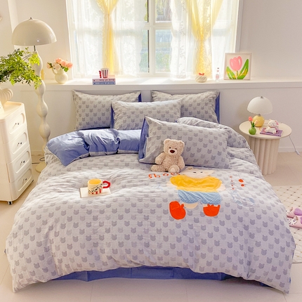 千朵 2025新款全棉提花四件套 歪头小熊