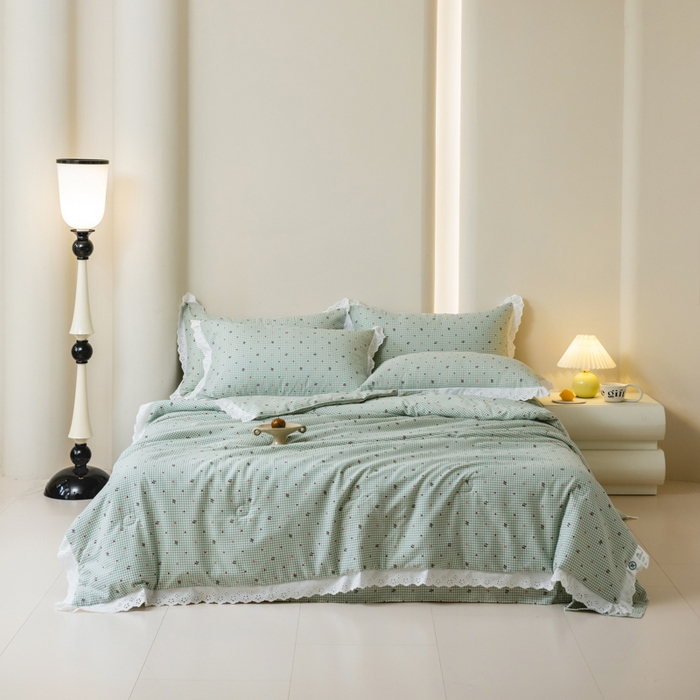 91家纺网 家纺一手货源 找家纺 绒世界 绒世界 2025新款双层纱韩版印花夏被四件套 樱桃