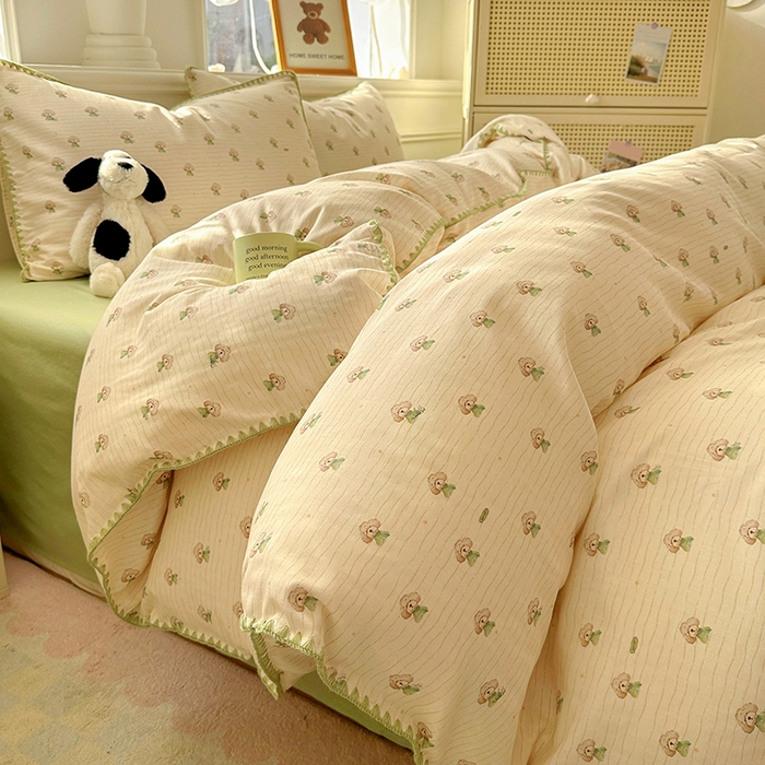 91家纺网 家纺一手货源 找家纺 田野家纺2025新款A类全棉双层纱四件套 布丁狗