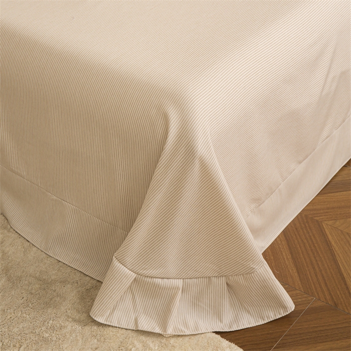 91家纺网 家纺一手货源 找家纺 庭笙 2025新款无印.色织条纹少女韩式小花边简约条纹四件套 色织条纹.米