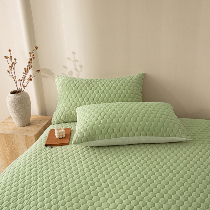 91家纺网 家纺一手货源 找家纺 优悦生活馆 2025新款亲肤水洗棉夹棉防水床笠 方格-绿