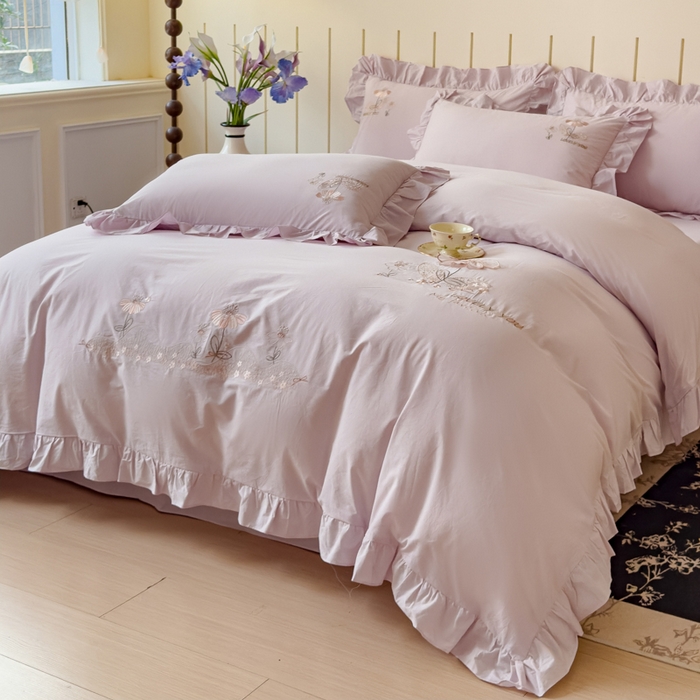 91家纺网 家纺一手货源 找家纺 U品汇 A类全棉色织水洗棉刺绣花四件套纯棉100%棉韩版公主风立体花朵 春野浪漫-薰衣紫