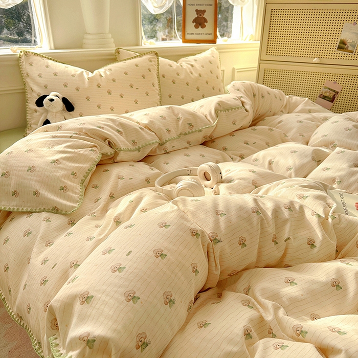 91家纺网 家纺一手货源 找家纺 田野家纺2025新款A类全棉双层纱四件套 布丁狗