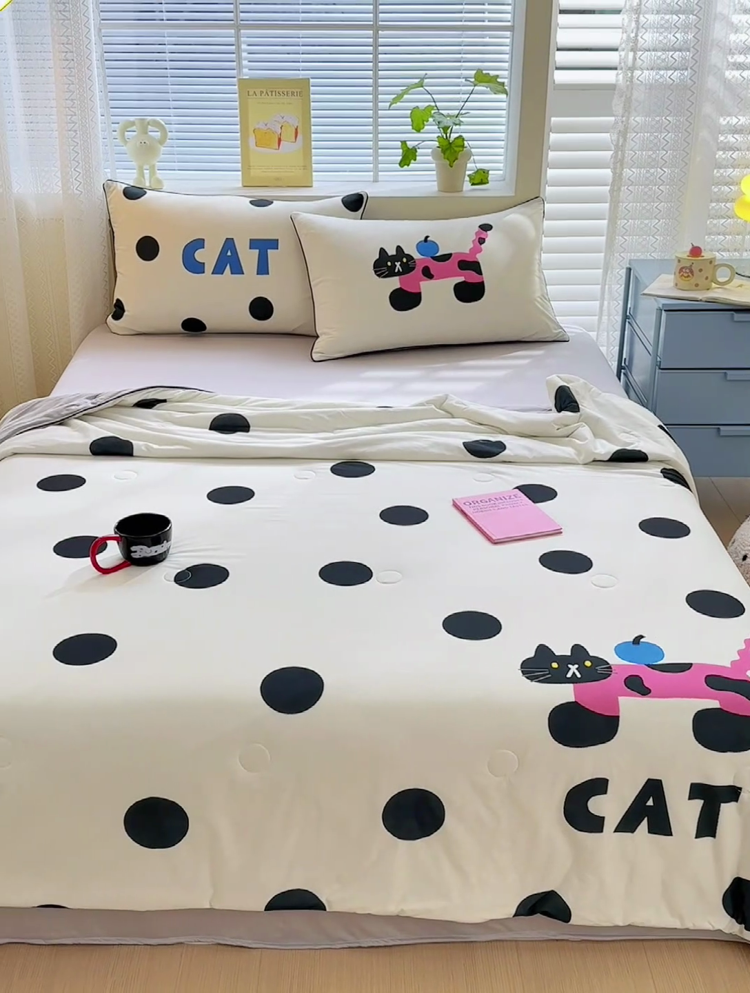 91家纺网 家纺一手货源 找家纺 星期八 2025新款针织棉夏被四件套 小猫