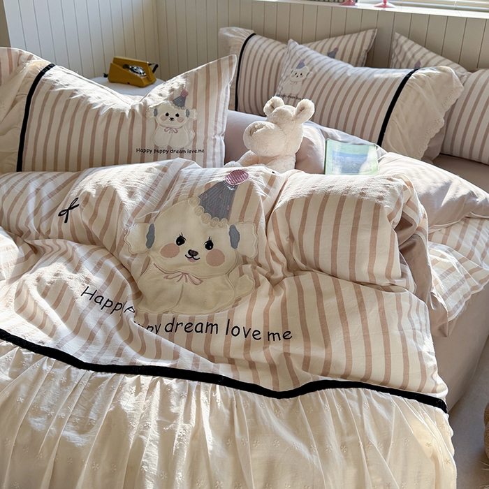 91家纺网 家纺一手货源 找家纺 优悦生活馆 2025新款全棉纯棉水洗棉印花四件套-牛奶小狗 牛奶小狗-米色