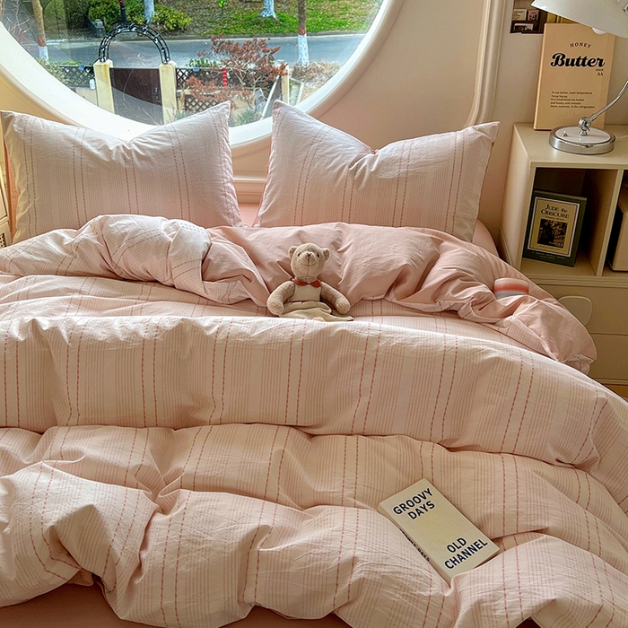 91家纺网 家纺一手货源 找家纺 田野家纺2025新款全棉水洗棉米粒系列四件套 水洗棉米拉 粉