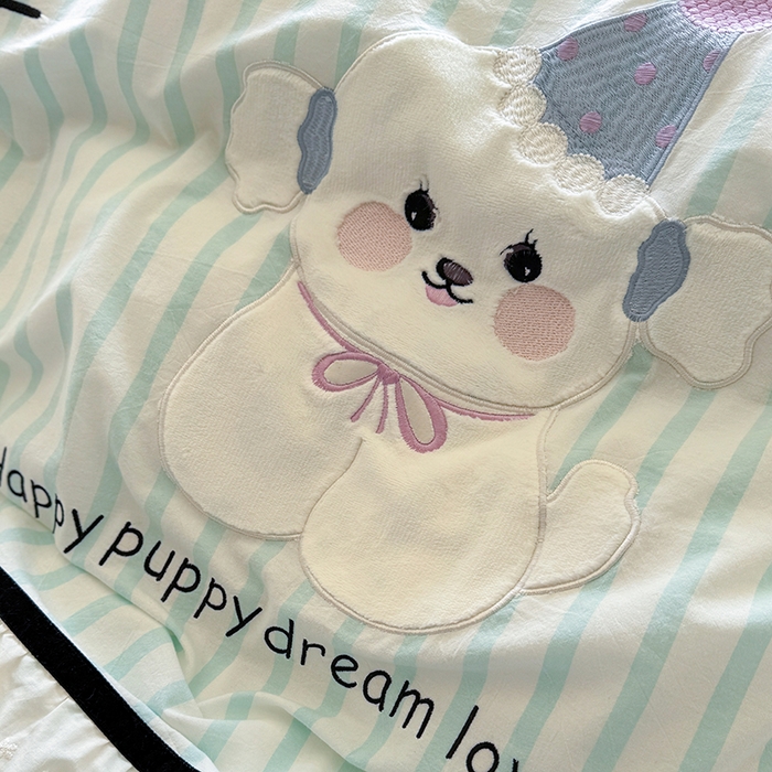 91家纺网 家纺一手货源 找家纺 优悦生活馆 2025新款全棉纯棉水洗棉印花四件套-牛奶小狗 牛奶小狗-绿