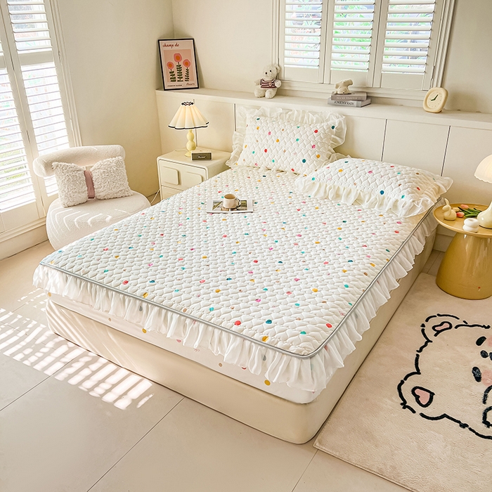 91家纺网 家纺一手货源 找家纺 眠势力 2025新款韩版花边床笠雪纺公主风ins夹棉四季款床罩保护套 彩色波点