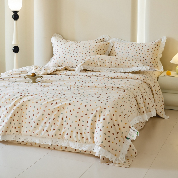 91家纺网 家纺一手货源 找家纺 绒世界 绒世界 2025新款双层纱韩版印花夏被四件套 心情