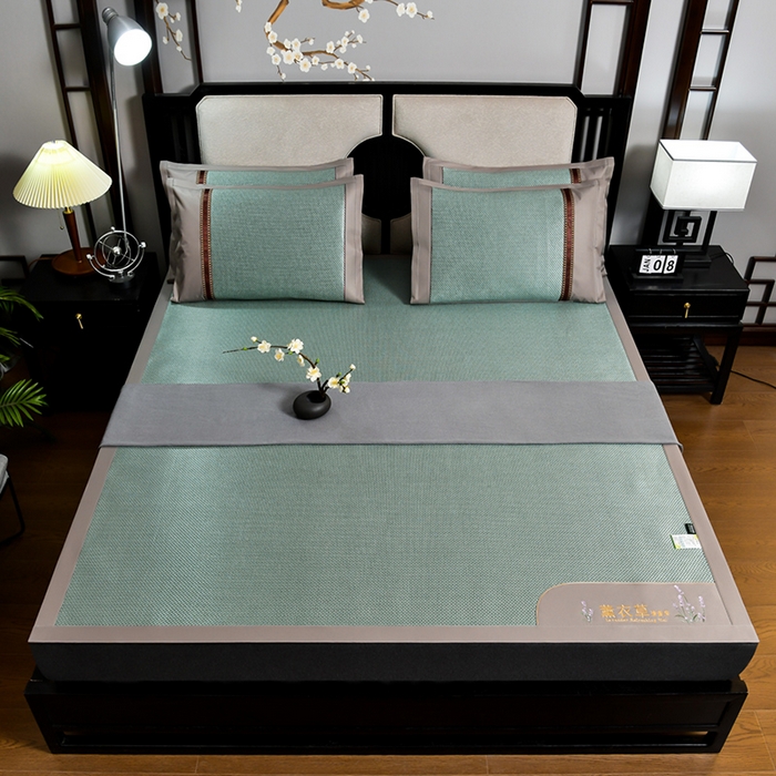 91家纺网 家纺一手货源 找家纺 小牛席业2025新款薰衣草冰藤席系列（冰藤席面）凉席藤席冰藤双面席冰丝席竹席凉席空调席草席三件套 薰衣草清香冰藤席-绿色