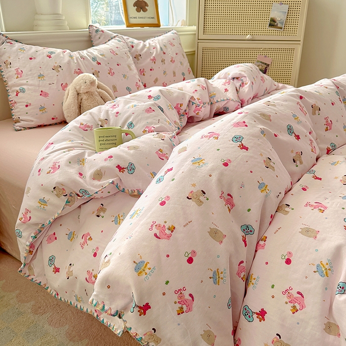 91家纺网 家纺一手货源 找家纺 田野家纺2025新款A类全棉双层纱四件套 开心派对