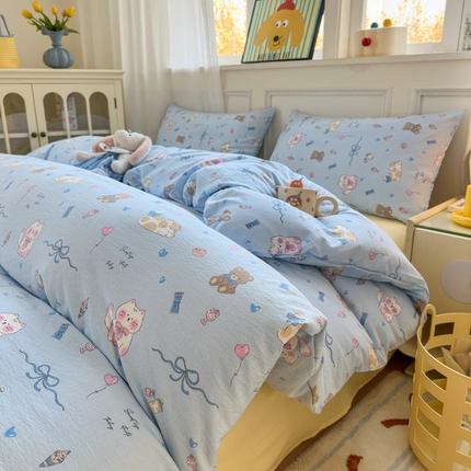 玉海棠家纺 2025新款亲肤舒适小清新四件套 小猫时光 蓝