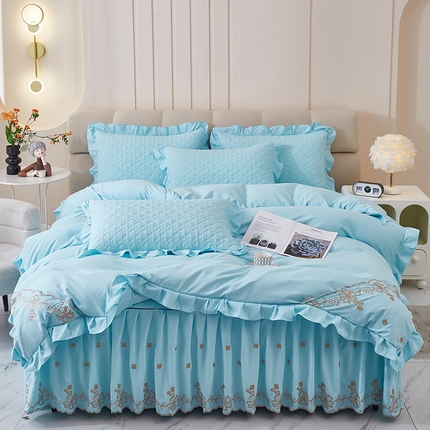 家之硕家纺 2025新款云朵棉刺绣床裙四件套 浅蓝