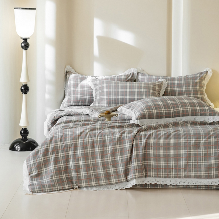 91家纺网 家纺一手货源 找家纺 绒世界 绒世界 2025新款双层纱韩版印花夏被四件套 格子-灰