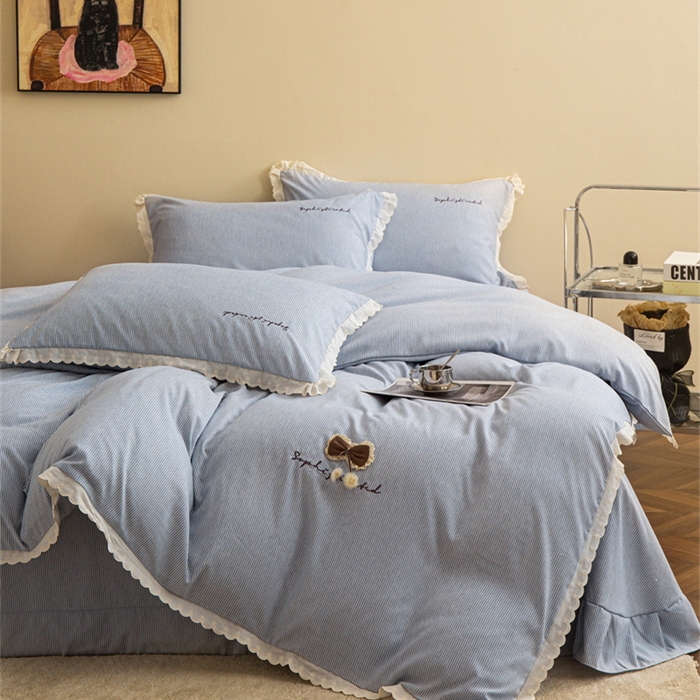 91家纺网 家纺一手货源 找家纺 庭笙 2025新款无印.色织条纹少女韩式小花边简约条纹四件套 色织条纹.蓝