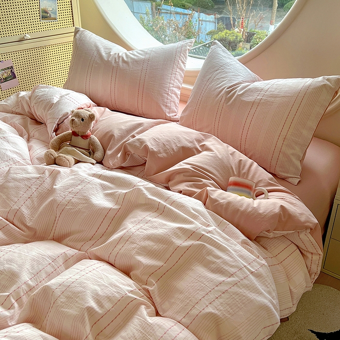 91家纺网 家纺一手货源 找家纺 田野家纺2025新款全棉水洗棉米粒系列四件套 水洗棉米拉 粉