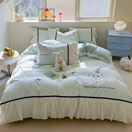 优悦生活馆 2025新款全棉纯棉水洗棉印花四件套-牛奶小狗 牛奶小狗-绿