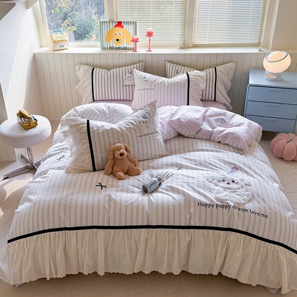 优悦生活馆 2025新款全棉纯棉水洗棉印花四件套-牛奶小狗 牛奶小狗-紫