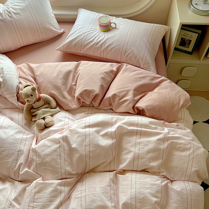 91家纺网 家纺一手货源 找家纺 田野家纺2025新款全棉水洗棉米粒系列四件套 水洗棉米拉 粉