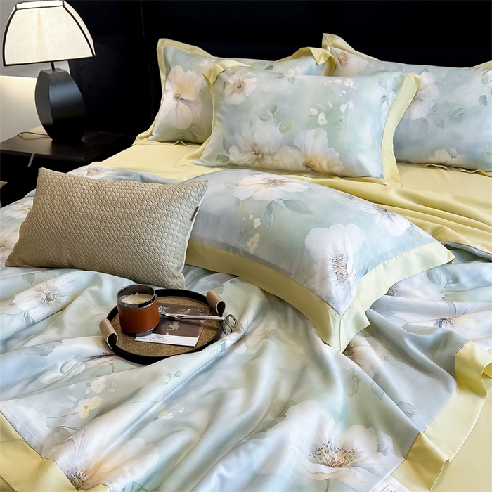 91家纺网 家纺一手货源 找家纺 朵希曼2025新款50天丝宽边夏被和夏被四件套系列 三月花香