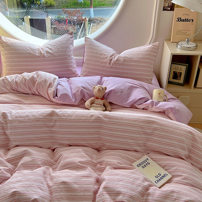 91家纺网 家纺一手货源 找家纺 田野家纺2025新款全棉水洗棉提花豆豆系列四件套 水洗棉豆豆 雾紫