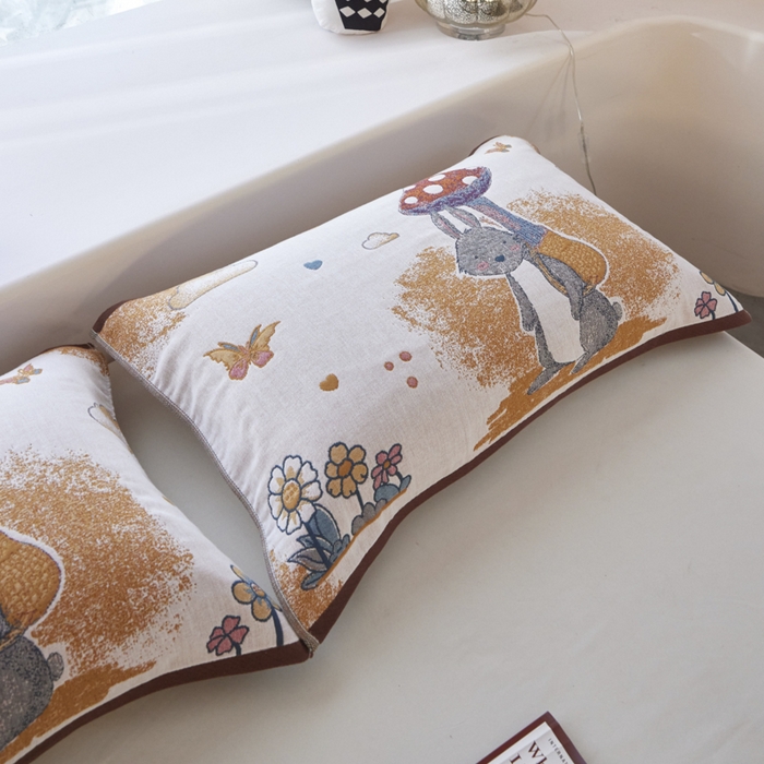 91家纺网 家纺一手货源 找家纺 爱港家纺 2025新款全棉纱布-萌宠治愈系列枕巾 萌宠兔52*75cm