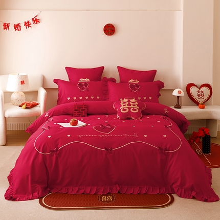 91家纺网 家纺一手货源 找家纺 （总）甜咪咪婚庆 2025新款纯棉刺绣婚庆大红四件套