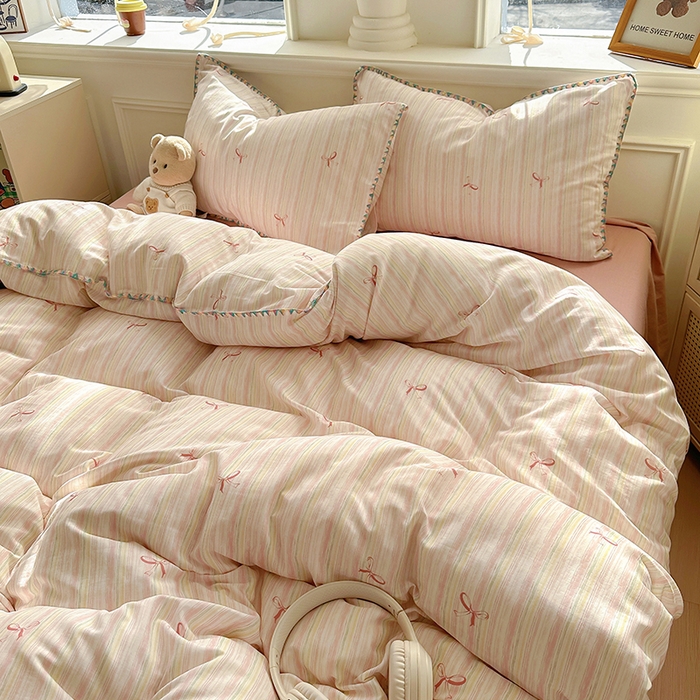 91家纺网 家纺一手货源 找家纺 田野家纺2025新款A类全棉双层纱四件套 飘带