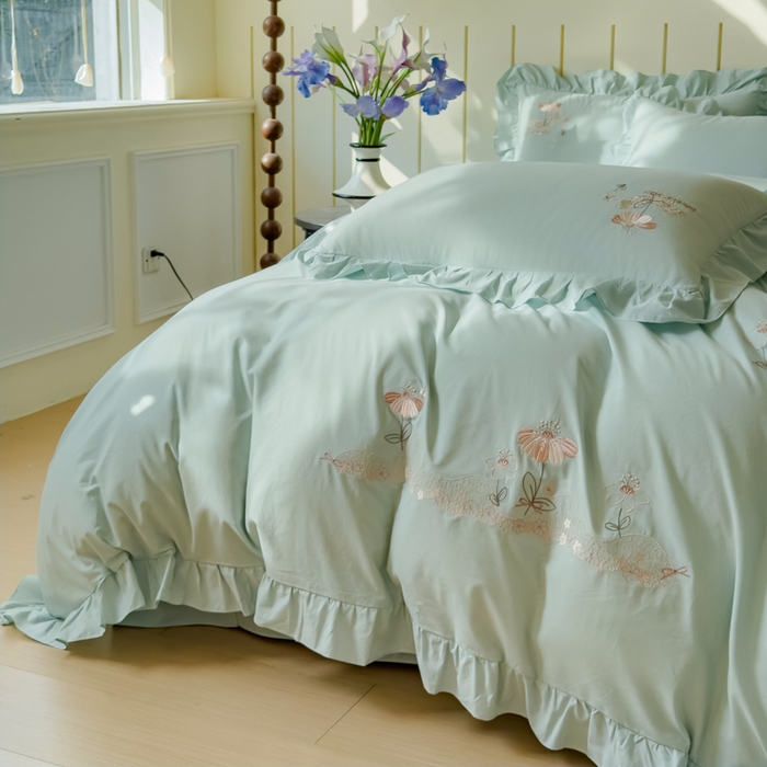 91家纺网 家纺一手货源 找家纺 U品汇 A类全棉色织水洗棉刺绣花四件套纯棉100%棉韩版公主风立体花朵 春野浪漫-青翠绿