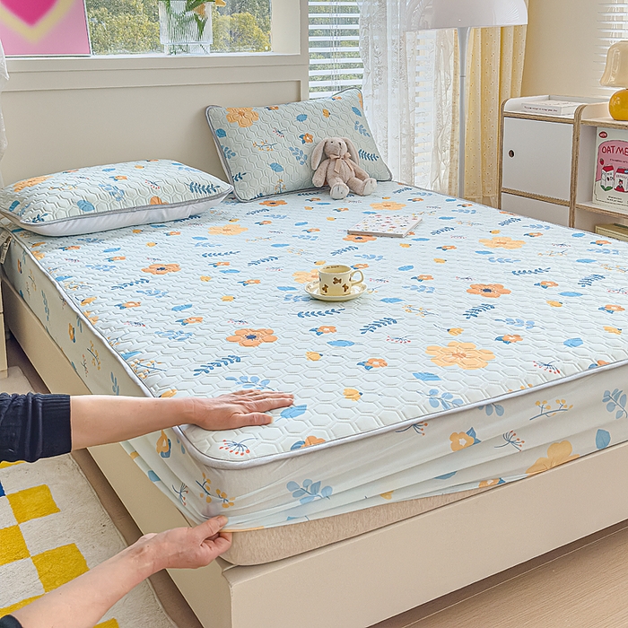 91家纺网 家纺一手货源 找家纺 小萌虎 2025新款凉感丝胶质凉席床笠款 花草