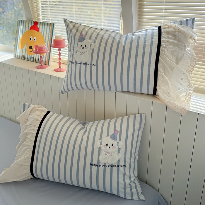 91家纺网 家纺一手货源 找家纺 优悦生活馆 2025新款全棉纯棉水洗棉印花四件套-牛奶小狗 牛奶小狗-蓝