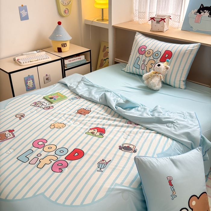 91家纺网 家纺一手货源 找家纺 星期八 2025新款针织棉夏被四件套 美好生活