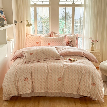 眷恋家纺 2025年春夏全棉铂金棉13376数码印花四件套 梦幻南瓜-粉
