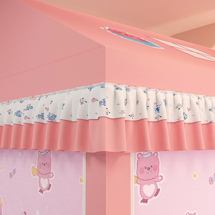 91家纺网 家纺一手货源 找家纺 迪凡保罗蚊帐 2025新款2505城堡款房型遮光防摔坐床蚊帐 粉红小熊