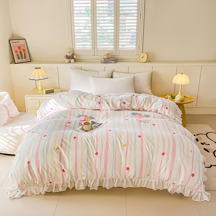 91家纺网 家纺一手货源 找家纺 眠势力 2025新款韩版花边被套双面用四季款ins公主风 糖果草莓