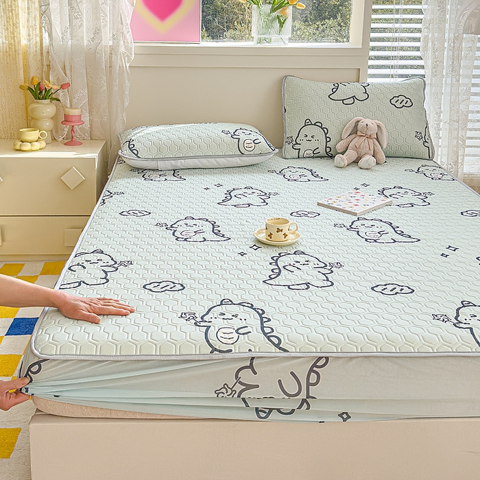 91家纺网 家纺一手货源 找家纺 小萌虎 2025新款凉感丝胶质凉席床笠款 恐龙